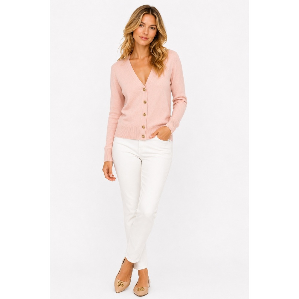 Tory Burch Cardigan Women Small Pink V-Neck Gold Logo Button Fine Knit Sweater